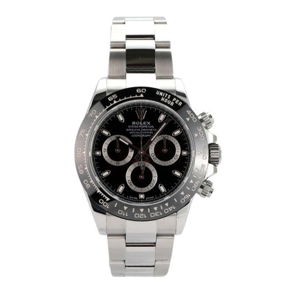 Rolex Daytona Edelstahl 116500LN mit schwarzem Zifferblatt und Keramiklünette, poliertem Edelstahlarmband.