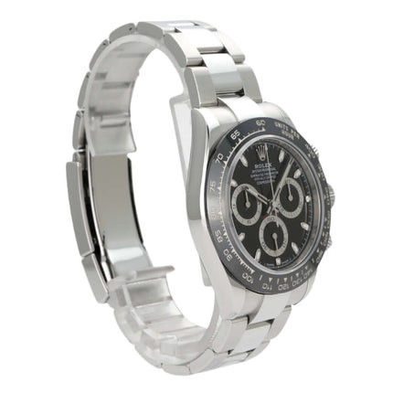 Rolex Daytona Edelstahl 116500LN mit schwarzem Zifferblatt und Keramik Lünette, poliertes Armband.