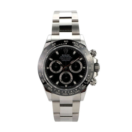 Rolex Daytona Edelstahl 116500LN mit schwarzem Zifferblatt und Keramiklünette, 2023 Modell.