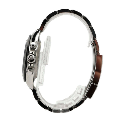 Rolex Daytona Edelstahl 116500LN seitliche Ansicht mit schwarzem Zifferblatt und Keramik-Lünette.