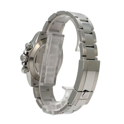 Rolex Daytona 116500LN Edelstahl von der Seite mit poliertem und satiniertem Armband, Chronograph-Funktionen sichtbar.