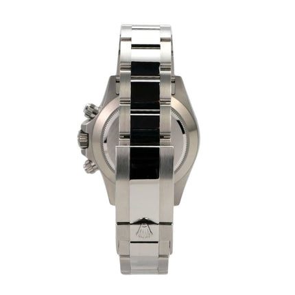 Seitenansicht der Rolex Daytona Edelstahl 116500LN mit poliertem und satinierten Armband.