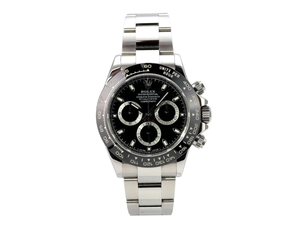 Rolex Daytona Edelstahl 116500LN Schwarz, schwarzes Zifferblatt, Keramiklünette und Oyster-Armband