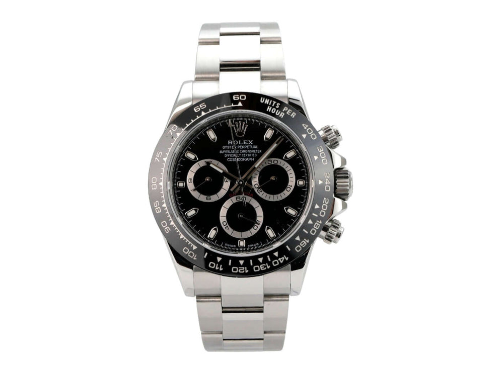 Rolex Daytona Edelstahl 116500LN Schwarz LC100, schwarzes Zifferblatt, Keramiklünette und Oyster-Armband