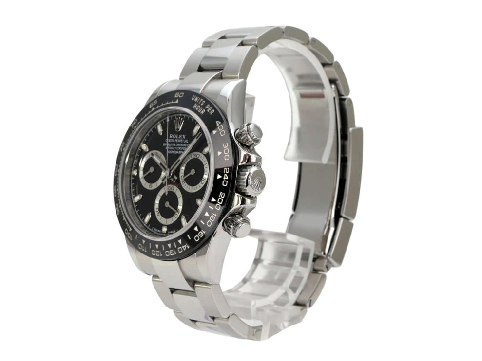 Rolex Daytona Edelstahl 116500LN Schwarz LC100, schwarzes Zifferblatt und Oyster-Armband