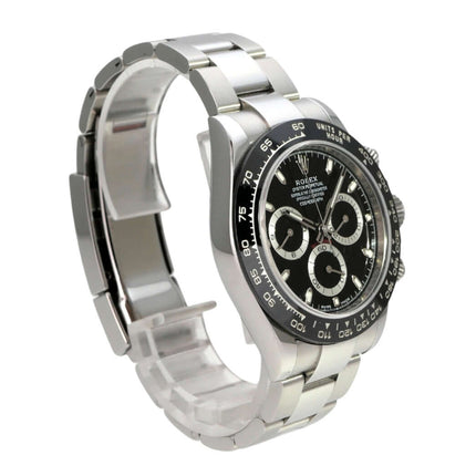 Rolex Daytona Edelstahl 116500LN Schwarz LC100, schwarze Zifferblattansicht mit Edelstahlarmband und Keramiklünette