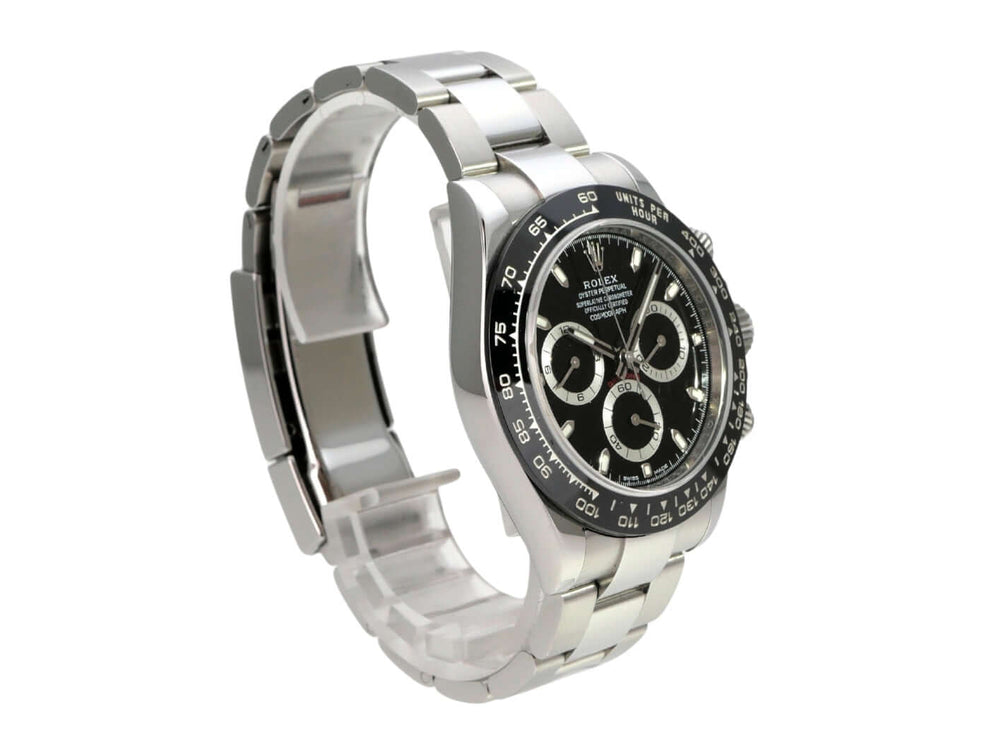 Rolex Daytona Edelstahl 116500LN Schwarz LC100, schwarze Zifferblattansicht mit Edelstahlarmband und Keramiklünette