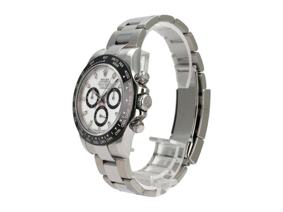 Rolex Daytona Edelstahl 116500LN Weiß Uhr von der Seite mit poliertem Edelstahlarmband.