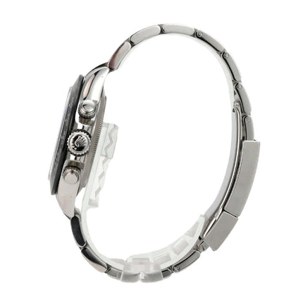 Seitenansicht der Rolex Daytona Edelstahl 116500LN Weiß mit poliertem und satiniertem Edelstahlarmband.