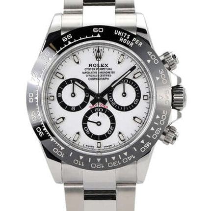 Rolex Daytona Edelstahl 116500LN mit weißem Zifferblatt und Keramiklünette, poliertem Armband und Chronographen.