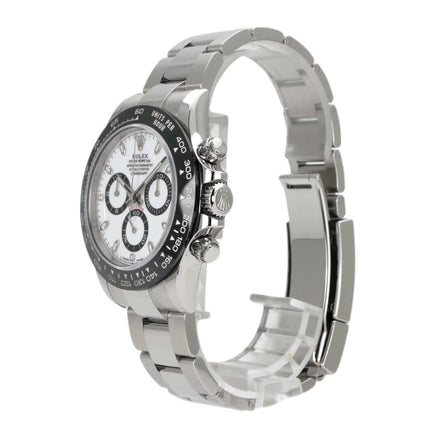 Rolex Daytona Edelstahl 116500LN mit weißem Zifferblatt und Keramiklünette, Seitansicht des Armbands.