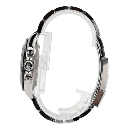 Rolex Daytona Edelstahl 116500LN Uhr, seitliche Ansicht, poliertes und satiniertes Armband, Keramik-Lünette.