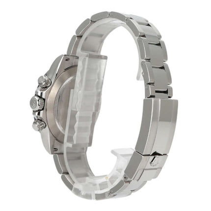 Seitliche Ansicht der Rolex Daytona Edelstahl 116500LN mit Oyster Armband und Keramiklünette.