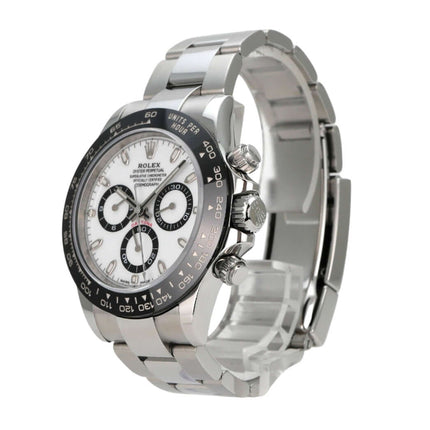Rolex Daytona Edelstahl 116500LN Weiß - polierte und satinierte Edelstahl-Uhr mit Keramik-Lünette und weißem Zifferblatt.