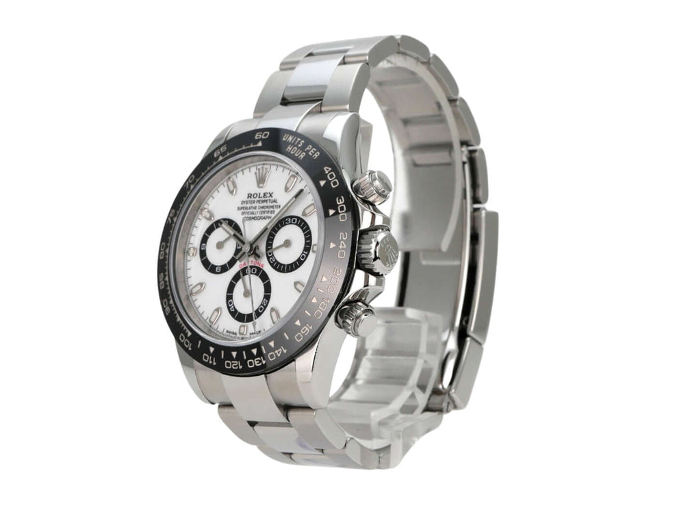 Rolex Daytona Edelstahl 116500LN Weiß - polierte und satinierte Edelstahl-Uhr mit Keramik-Lünette und weißem Zifferblatt.