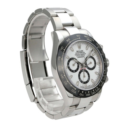 Rolex Daytona Edelstahl 116500LN Weiß mit poliertem und satiniertem Armband, weißem Zifferblatt und Keramiklünetten.