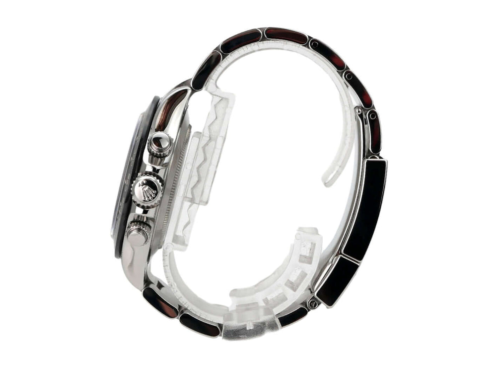 Rolex Daytona Edelstahl 116500LN Weiß seitliche Ansicht mit poliertem Gehäuse und Edelstahlarmband