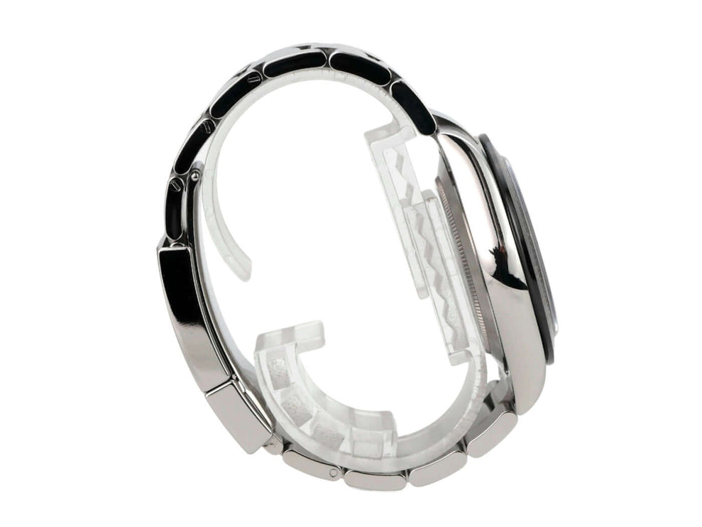 Rolex Daytona Edelstahl 116500LN Weiß Seitensicht der Uhr mit poliertem Edelstahlarmband und Gehäuse.