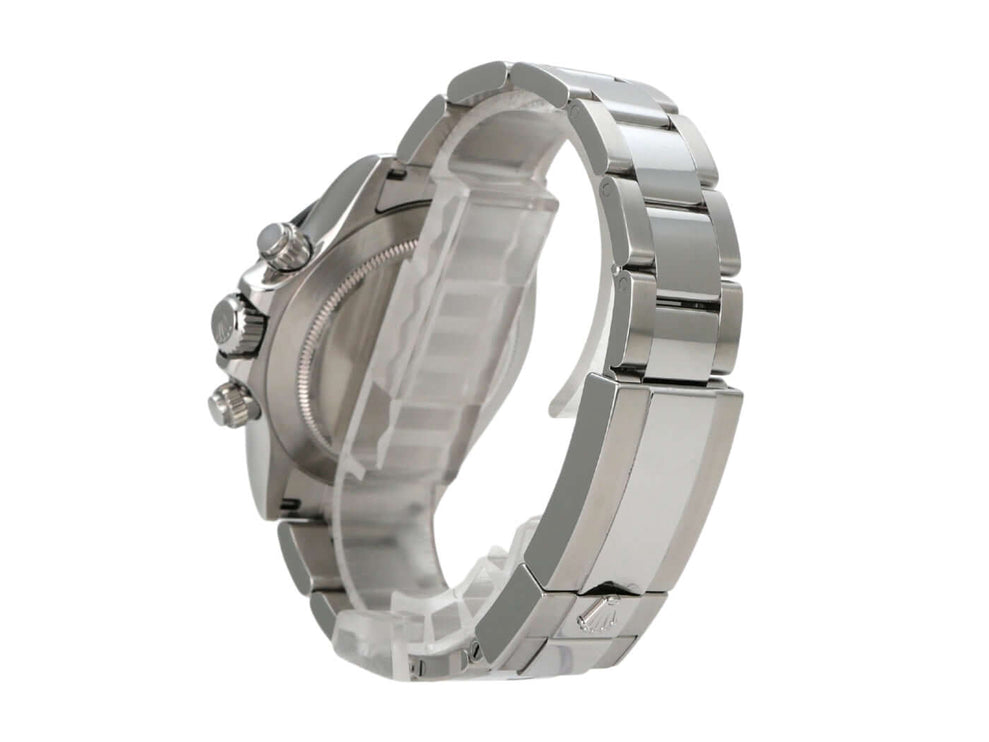 Rolex Daytona Edelstahl 116500LN Weiß seitliche Ansicht mit Edelstahlarmband und Chronographenfunktion