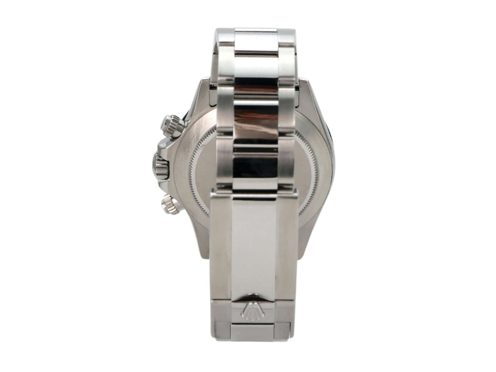 Rolex Daytona Edelstahl 116500LN Weiß - Ansicht von hinten, Edelstahlarmband, polierte und satinierte Oberfläche.