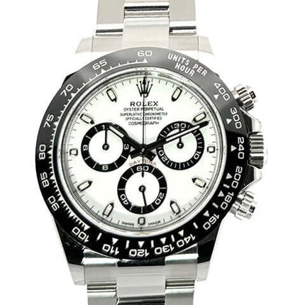 Rolex Daytona Edelstahl 116500LN mit weißem Zifferblatt, Keramik Lünette und Oyster Edelstahl Armband.