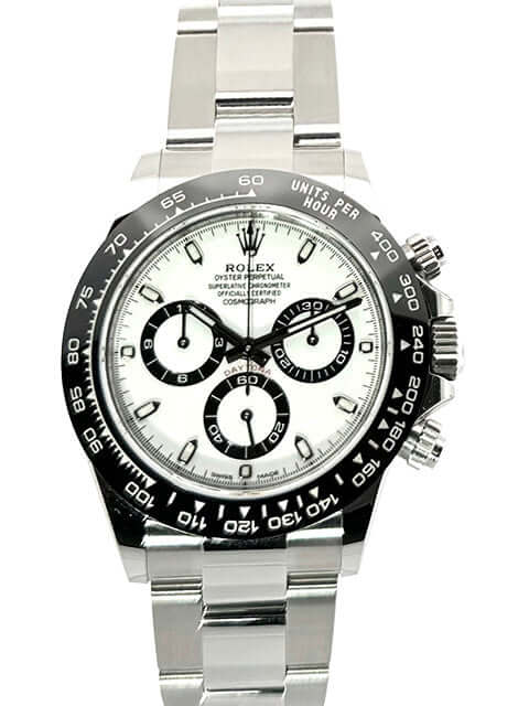 Rolex Daytona Edelstahl 116500LN mit weißem Zifferblatt, Keramik Lünette und Oyster Edelstahl Armband.