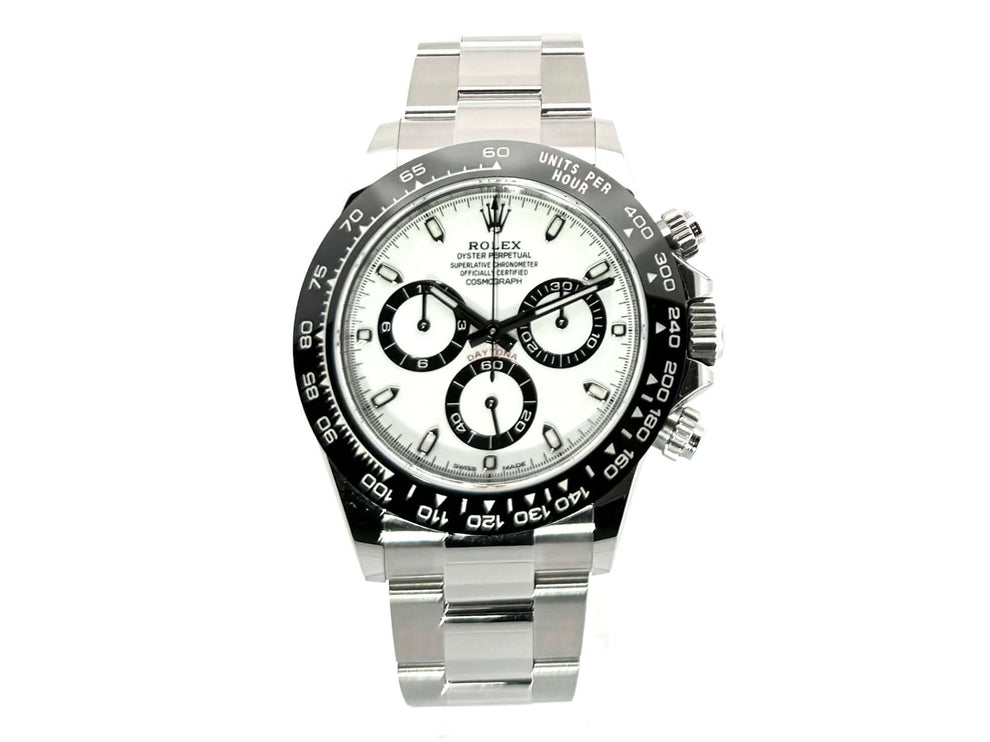 Rolex Daytona Edelstahl 116500LN mit weißem Zifferblatt, poliertem Edelstahlgehäuse, Keramik-Lünette und Oyster-Armband