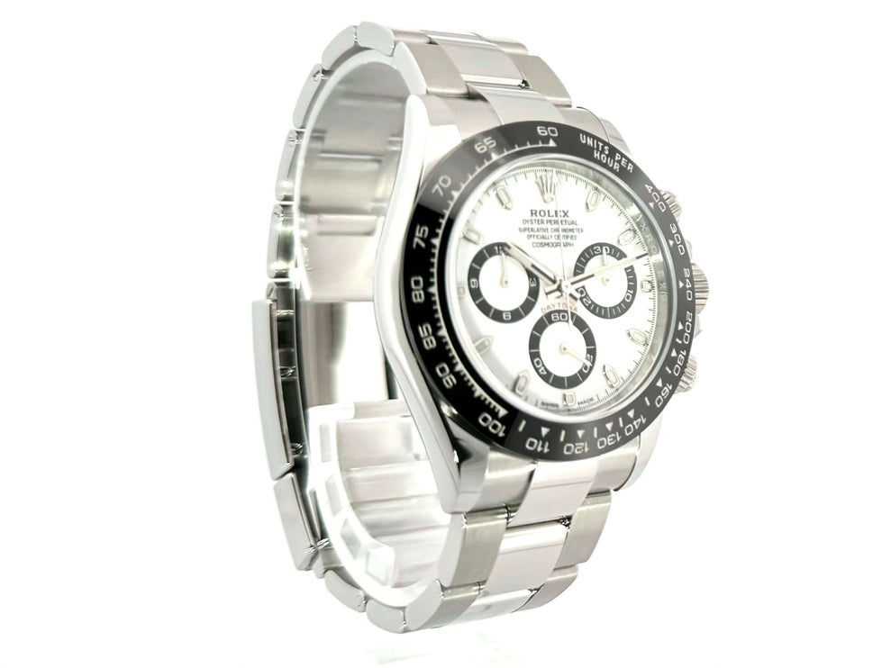 Rolex Daytona Edelstahl 116500LN Weißes Zifferblatt mit Keramik Lünette und Oyster Edelstahl Armband.