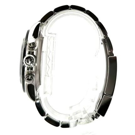 Rolex Daytona Edelstahl 116500LN Seitenansicht, poliertes und satiniertes Edelstahlgehäuse und Armband mit Keramiklünette.