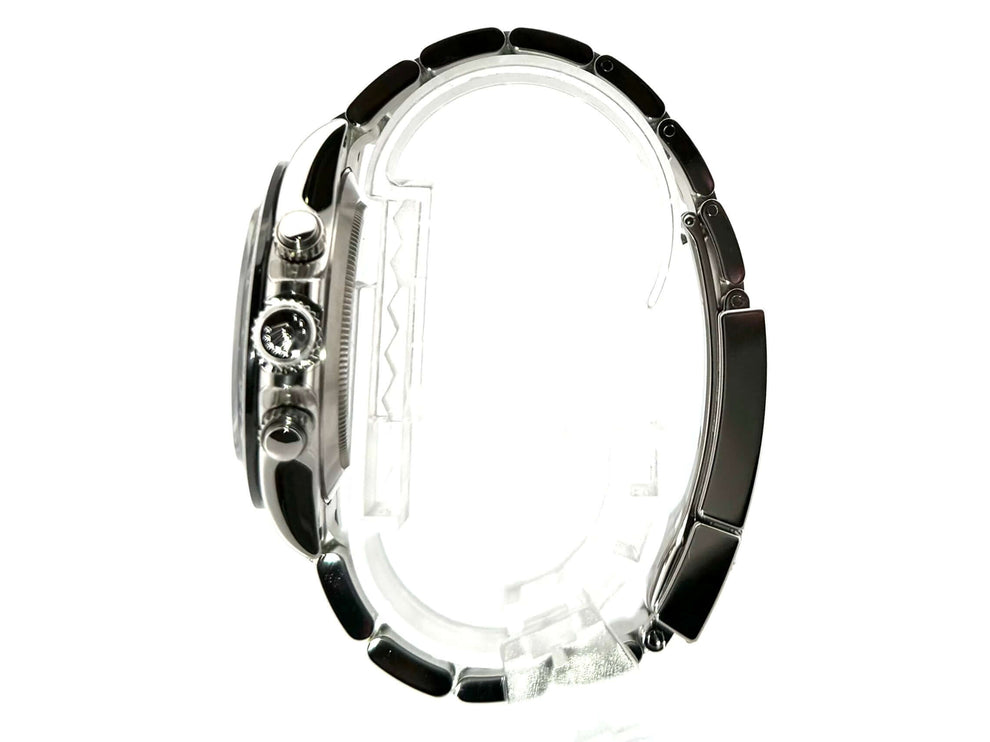 Rolex Daytona Edelstahl 116500LN Seitenansicht, poliertes und satiniertes Edelstahlgehäuse und Armband mit Keramiklünette.