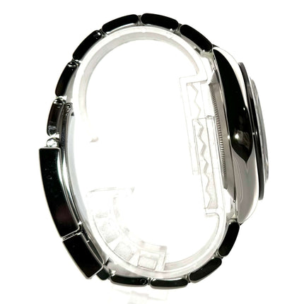 Rolex Daytona Edelstahl 116500LN Seitenansicht des Oyster-Armbands aus Edelstahl, poliert und satiniert, mit Keramik Lünette und Sicherheitsfaltschließe.