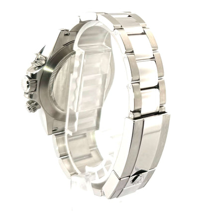 Rückseite Rolex Daytona Edelstahl 116500LN mit poliertem und satiniertem Edelstahlarmband, Sicherheitsfaltschließe, und verschraubter Krone.