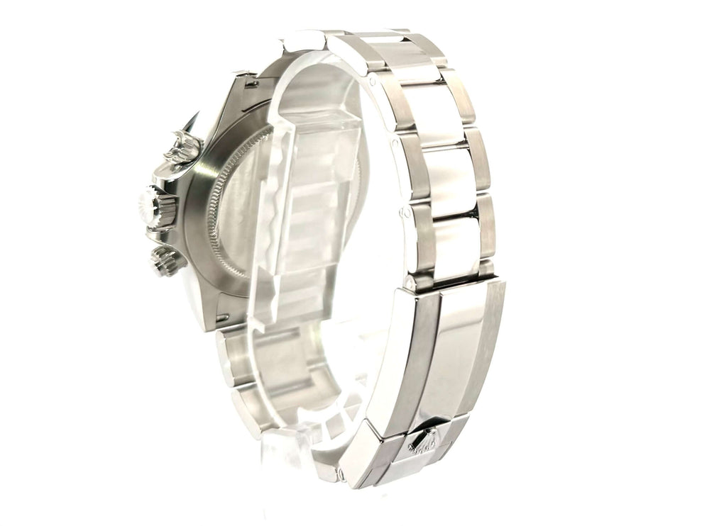 Rückseite Rolex Daytona Edelstahl 116500LN mit poliertem und satiniertem Edelstahlarmband, Sicherheitsfaltschließe, und verschraubter Krone.