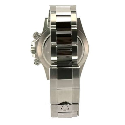 Rückansicht der Rolex Daytona Edelstahl 116500LN mit poliertem und satiniertem Edelstahlarmband und Sicherheitsfaltschließe.