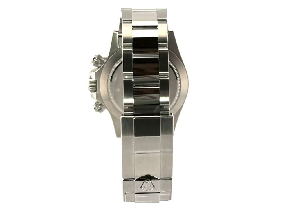 Rückansicht der Rolex Daytona Edelstahl 116500LN mit poliertem und satiniertem Edelstahlarmband und Sicherheitsfaltschließe.