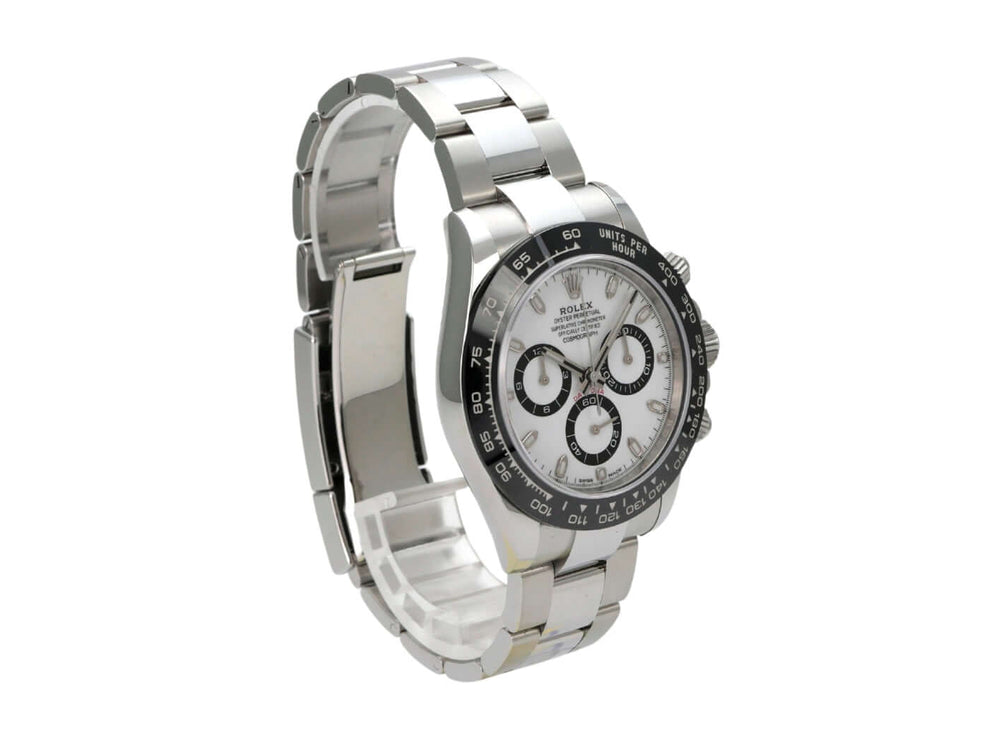 Rolex Daytona Edelstahl 116500LN Weiß Uhrenansicht mit weißem Zifferblatt und Keramiklünetten.