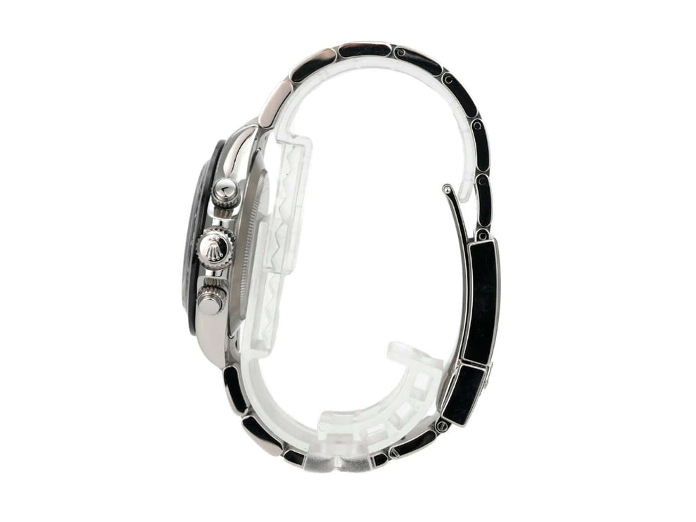 Detailansicht der Rolex Daytona Edelstahl 116500LN Weiß Uhr, seitliche Ansicht mit poliertem und satiniertem Gehäuse.