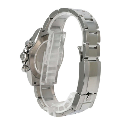 Seitenansicht der Rolex Daytona Edelstahl 116500LN Weiß mit poliertem und satiniertem Edelstahlarmband.