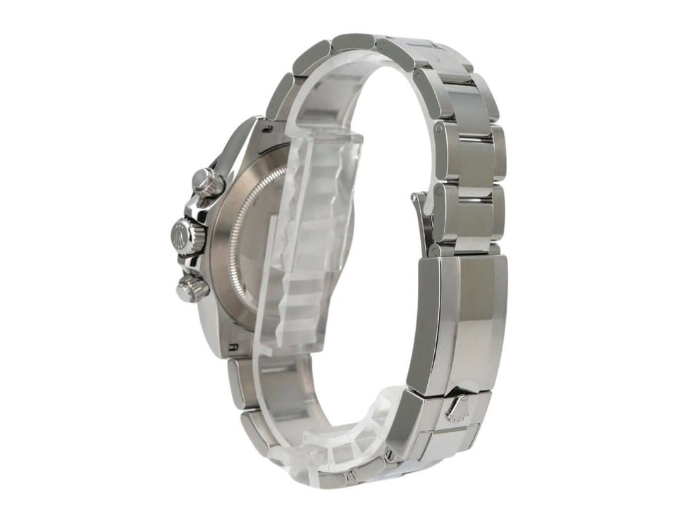 Seitenansicht der Rolex Daytona Edelstahl 116500LN Weiß mit poliertem und satiniertem Edelstahlarmband.