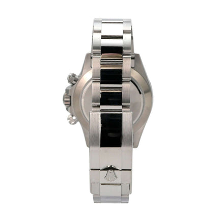 Rolex Daytona Edelstahl 116500LN Weiß Rückansicht mit poliertem und satiniertem Oyster-Armband.