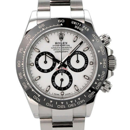 Rolex Daytona Edelstahl 116500LN Weiß mit poliertem Gehäuse, Keramiklünetten und weißem Zifferblatt.