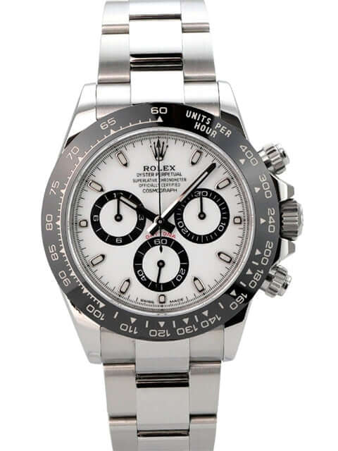 Rolex Daytona Edelstahl 116500LN Weiß mit poliertem Gehäuse, Keramiklünetten und weißem Zifferblatt.