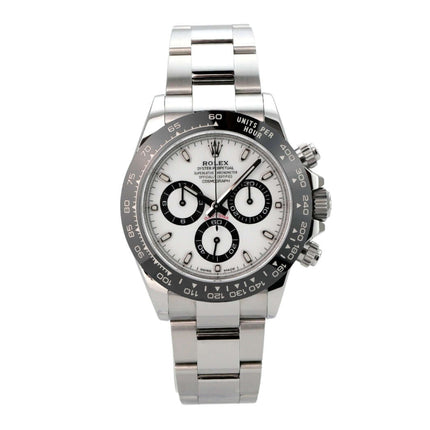Rolex Daytona Edelstahl 116500LN Weiß Uhr mit weißem Zifferblatt und schwarzer Keramiklürette.