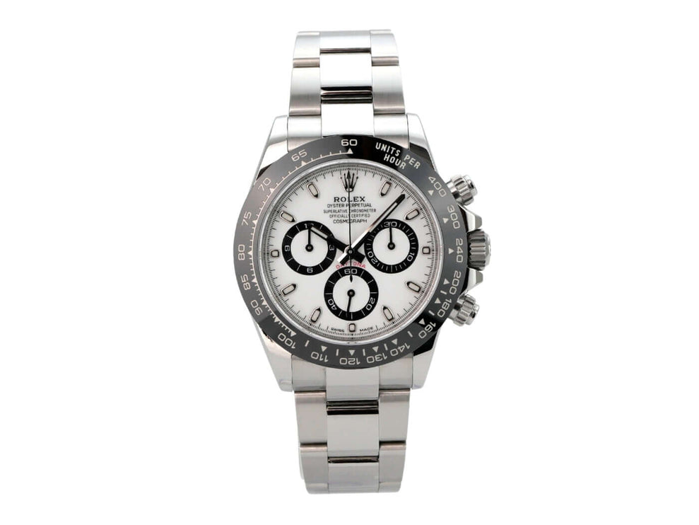 Rolex Daytona Edelstahl 116500LN Weiß Uhr mit weißem Zifferblatt und schwarzer Keramiklürette.