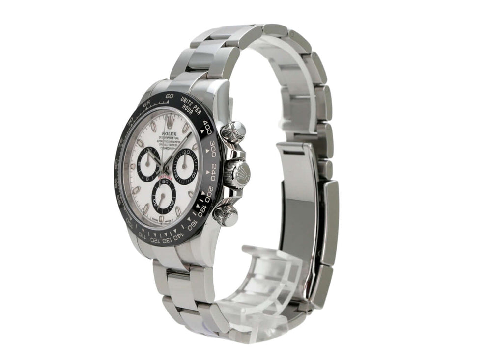 Rolex Daytona Edelstahl 116500LN Weiß, edelstahl aus poliertem und satiniertem Gehäuse mit Keramiklünette.