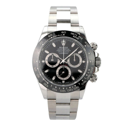 Rolex Daytona Edelstahl 116500LN Schwarz mit schwarzem Zifferblatt und Tachymeterskala.