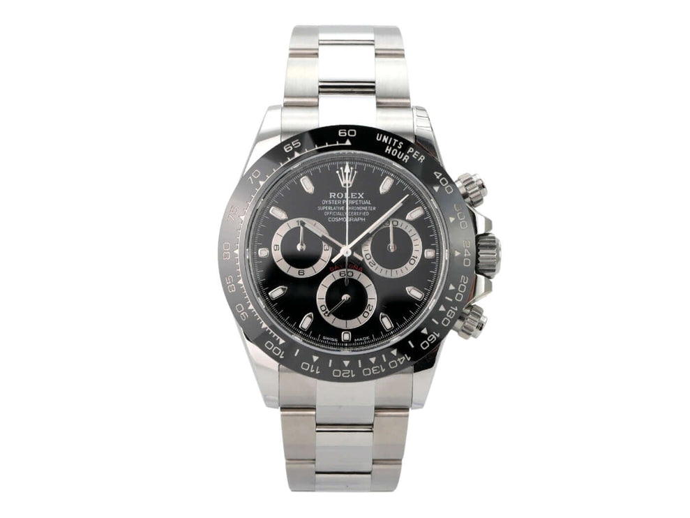 Rolex Daytona Edelstahl 116500LN Schwarz mit schwarzem Zifferblatt und Tachymeterskala.