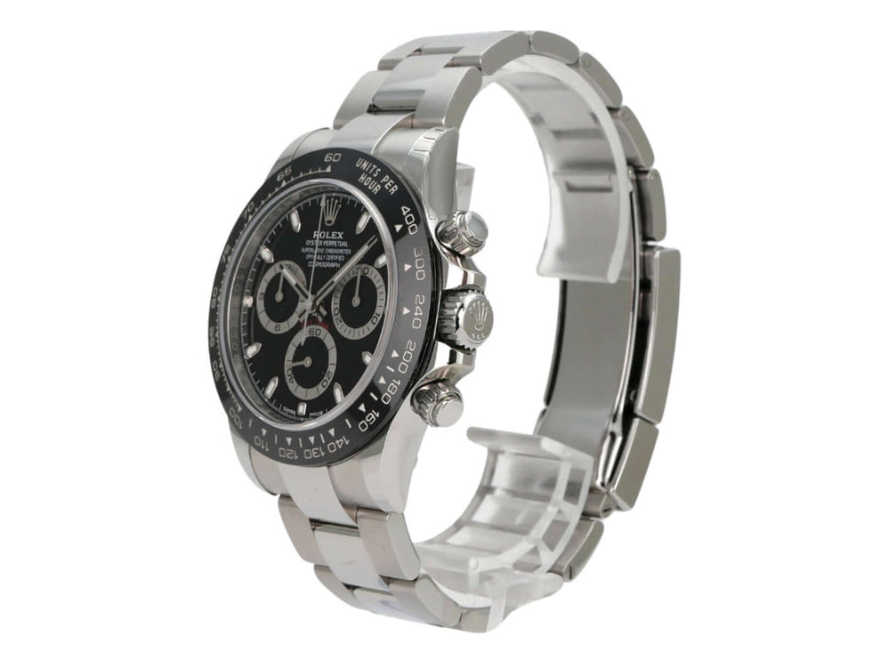 Rolex Daytona Edelstahl 116500LN Schwarz Detailansicht mit poliertem Edelstahlarmband und schwarzem Zifferblatt.