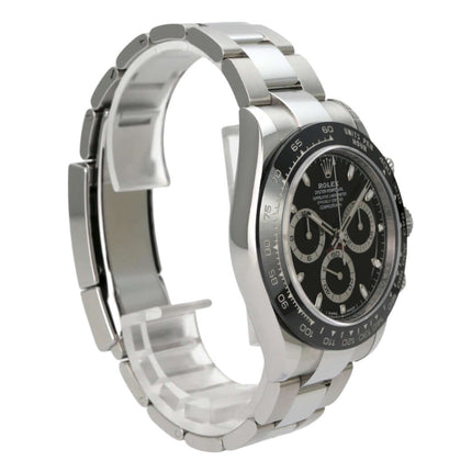 Rolex Daytona Edelstahl 116500LN Schwarz Seitansicht mit schwarzem Zifferblatt und Edelstahlarmband.