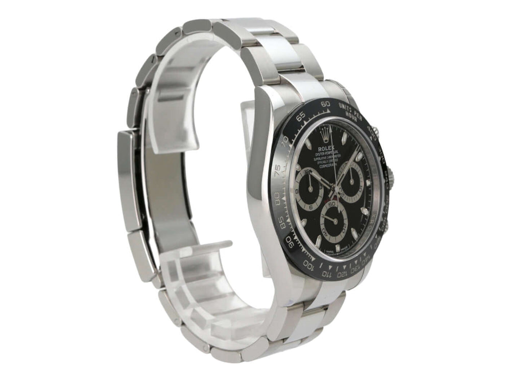 Rolex Daytona Edelstahl 116500LN Schwarz Seitansicht mit schwarzem Zifferblatt und Edelstahlarmband.